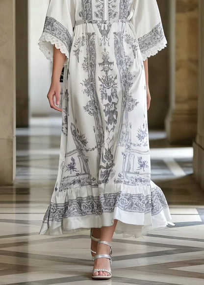 Boutique White Print Silk Vacation Dresses Bracelet Sleeve