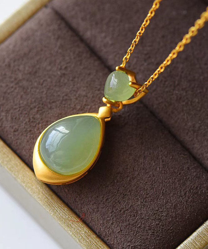 Green Sterling Silver 18k Gold Inlaid Jade Pendant Necklace