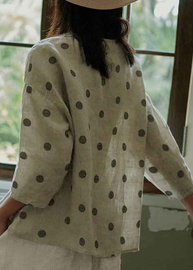 O Neck Dot Jacquard Linen Blouse Tops Bracelet Sleeve