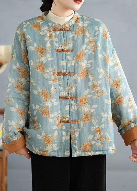 Light Blue Print Fine Cotton Filled Coats Stand Collar Spring