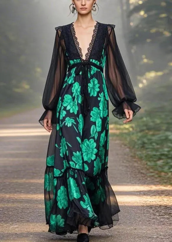 Black V Neck Print Chiffon Long Dresses Butterfly Sleeve