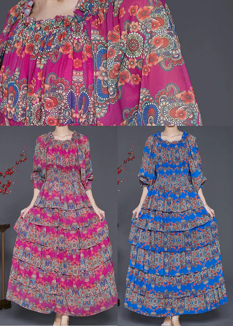 Unique Rose Elastic Waist Print Cotton Maxi Dresses Spring