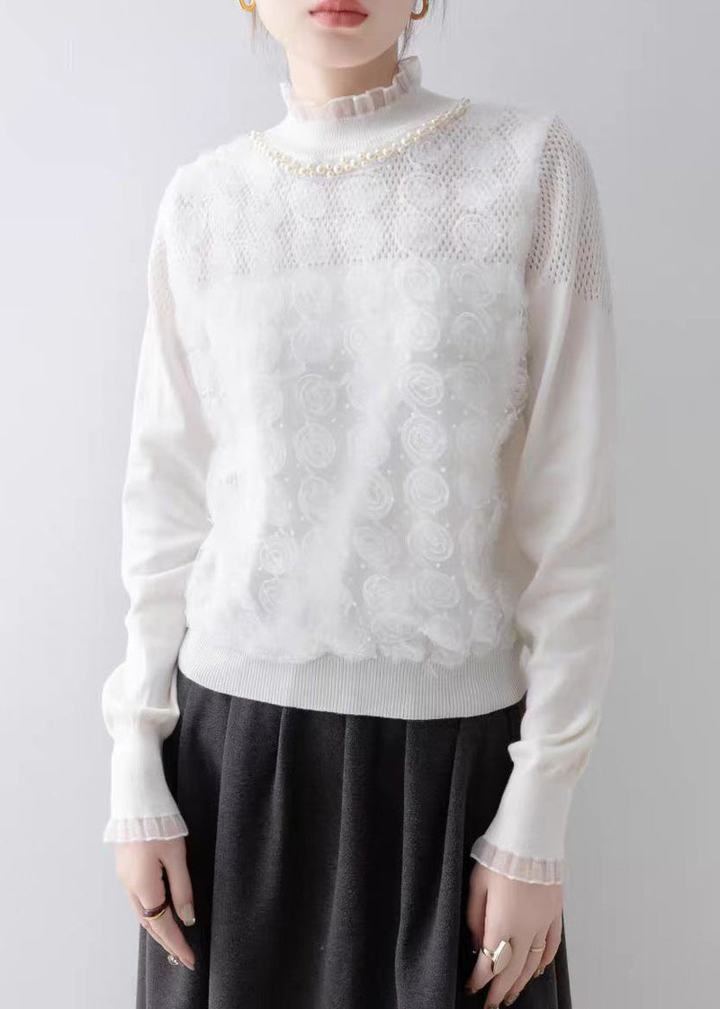Modern White Ruffled Knit Top Spring