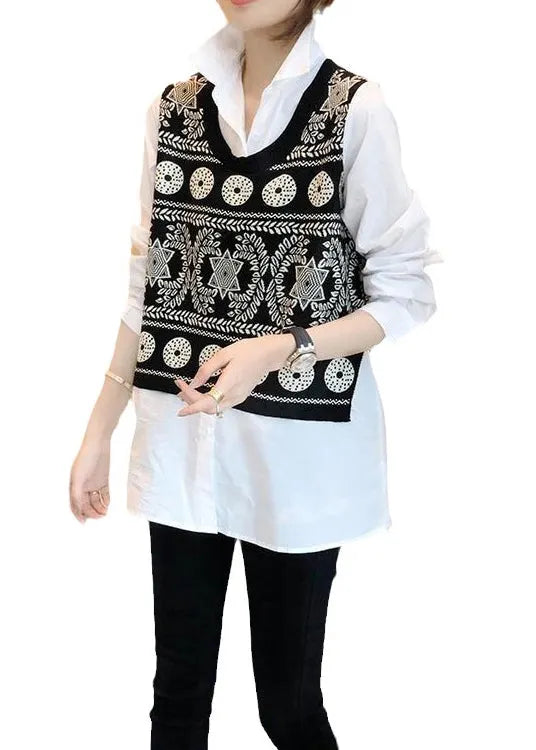 Black Knit Vest and White Shirts Two Pieces Set Fall