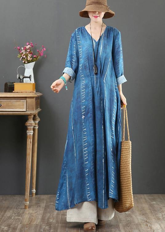 French Blue Tunic Dress V Neck Large Hem a Line Spring Dresses