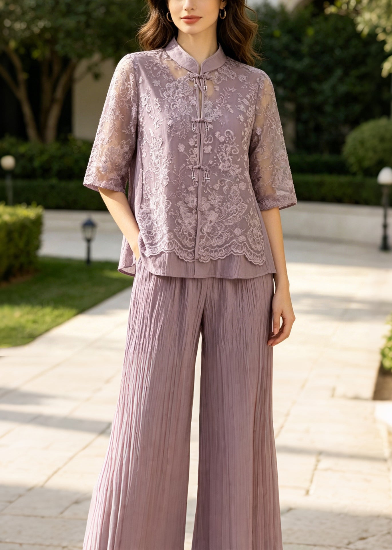 Purple Patchwork Lace Sets 2 Pieces Mandarin Collar Summer