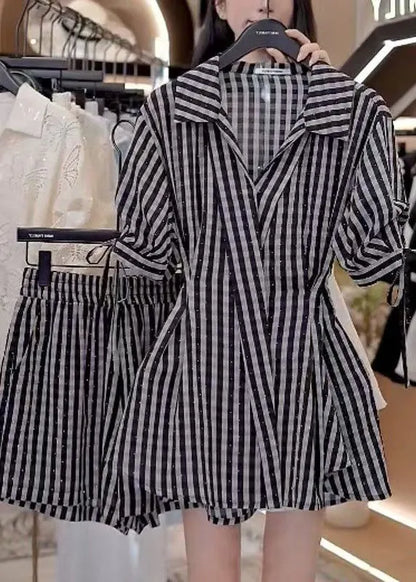 Stylish Black V Neck Striped Cotton Two Pieces Set Summer