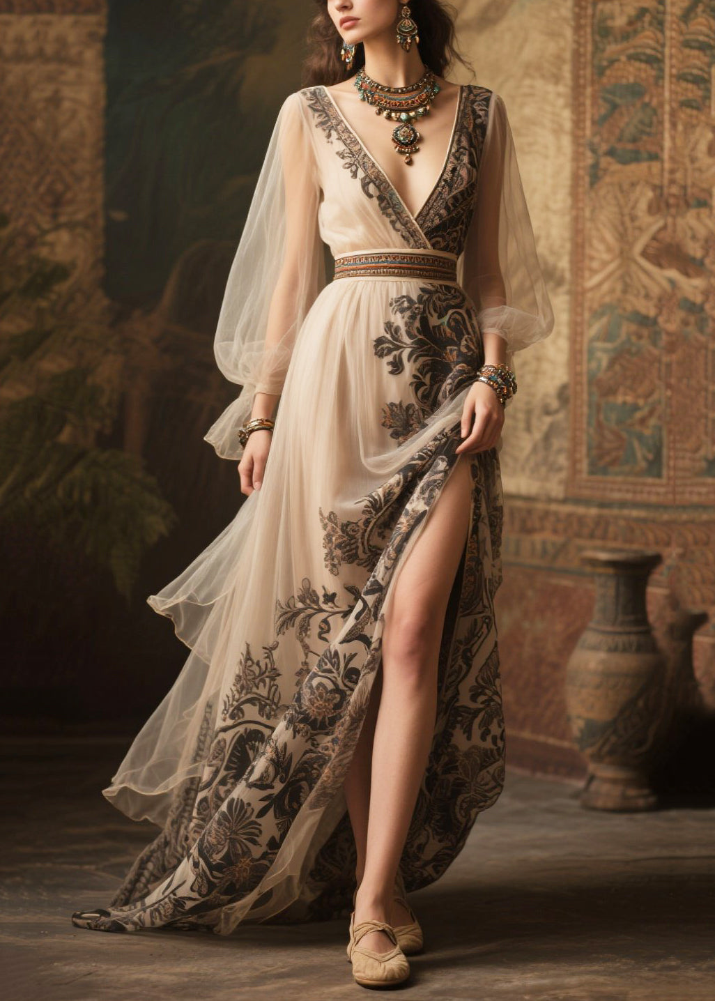 Beige Print Exra Large Hem Chiffon Holiday Dress Summer