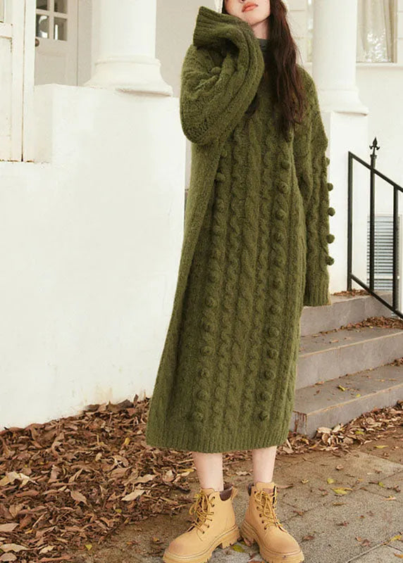 Natural Purplish Red O-neck Cable Cotton Knit Sweater Maxi Dress Long Sleeve