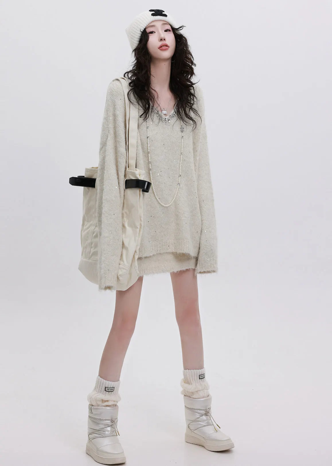 Boutique White Sequins Warm Knit Sweater and Skirt Two Piece Set Winter
