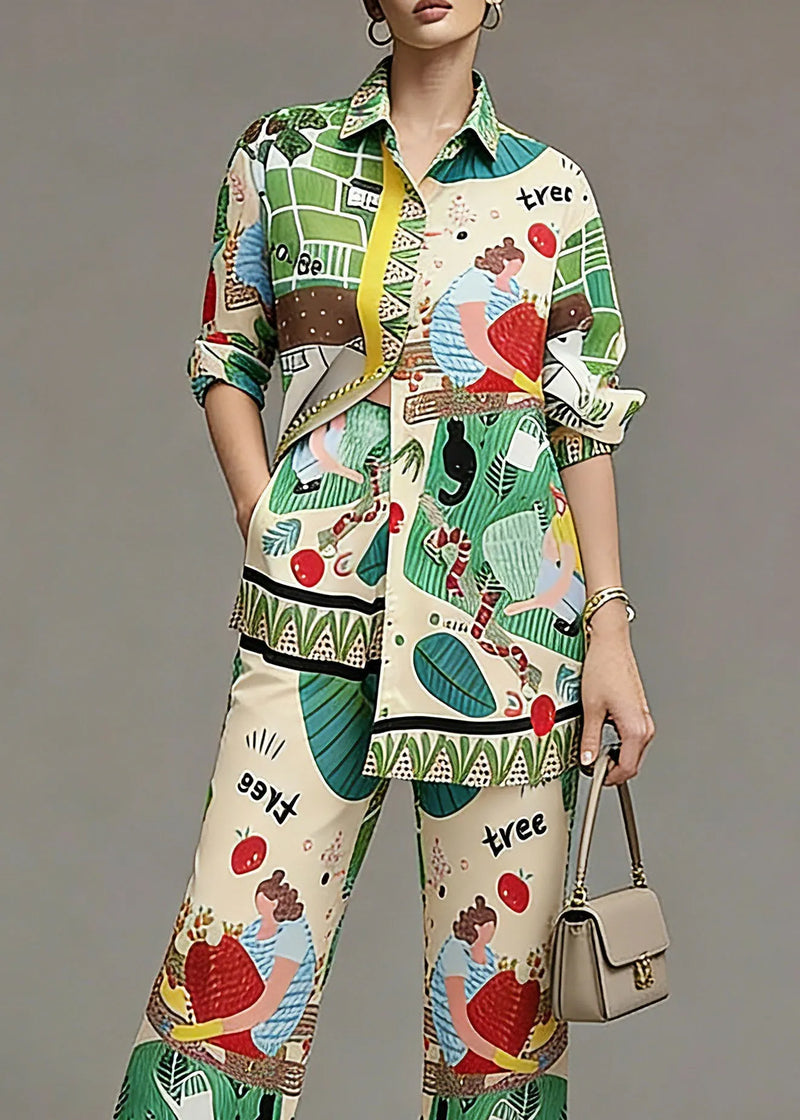 Fine Green Print Shirts and Wide Leg Pants Two Pieces Set Spring