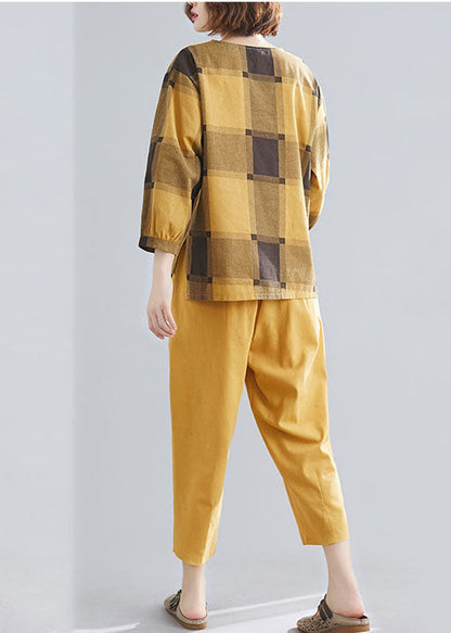 Art Yellow O-neck Plaid Cotton Two Pieces Set Spring