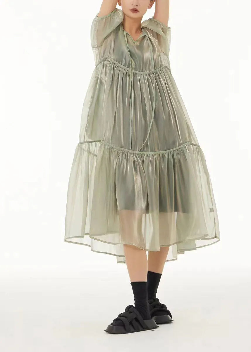 Art Light Green Oversized Lace Up Tulle Dress Sets 2 Pieces Summer