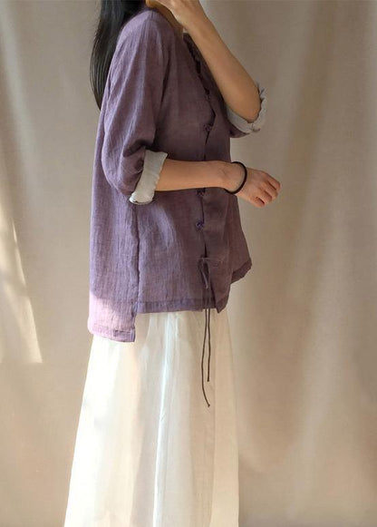 French Purple Tops Blouses Stand Collar Button Down Clothing Blouse