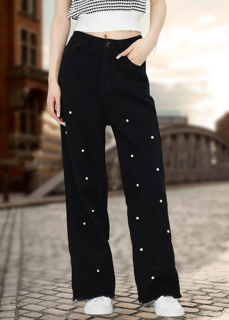 Black Pockets Pearl Straight Denim Pants Spring