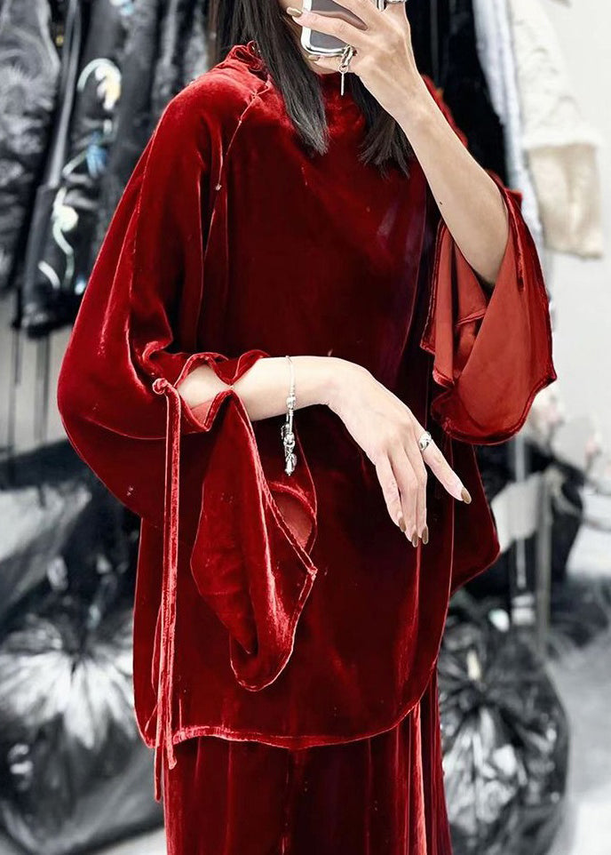 French Red Button Side Open Silk Velour Tops Long Sleeve