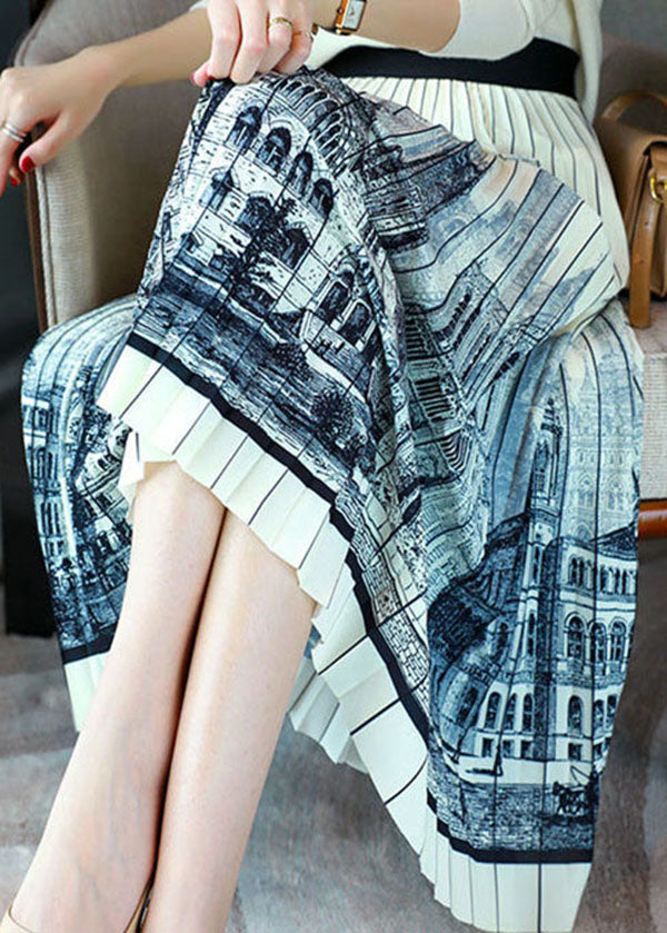 Apricot Wrinkled Patchwork Print Chiffon Skirt Summer