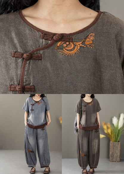 Black Pockets Waist Patchwork Denim Two Pieces Set O Neck Short Sleeve