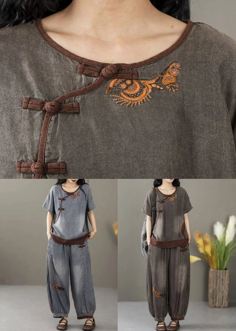 Black Pockets Waist Patchwork Denim Two Pieces Set O Neck Short Sleeve