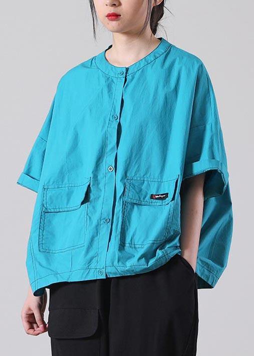 Simple Blue O-neck Cotton Shirt Tops Summer