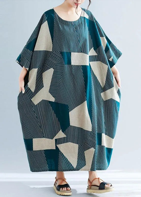 Green Striped O-neck Loose Summer Bat Wing Sleeve Summer Dress