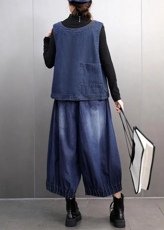 Boutique Blue O-neck Button Denim Waistcoat and Crop Pants Two Pieces Set Spring