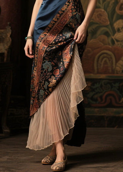 Diy Navy Asymmetrical Patchwork Silk Fake Two Piece Dresses Sleeveless Summer