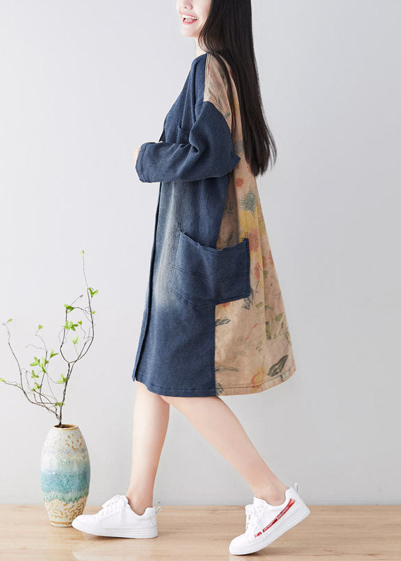 Diy Blue V Neck Patchwork Trench Coats Spring
