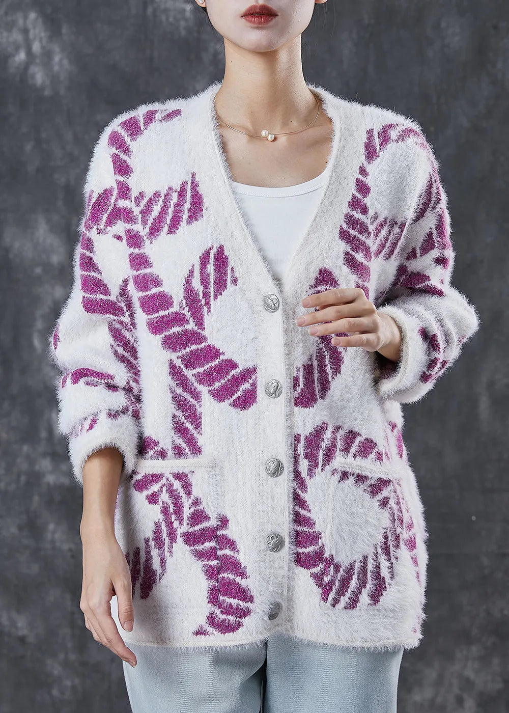 Purple Print Knit Loose Coat V Neck Pockets Spring