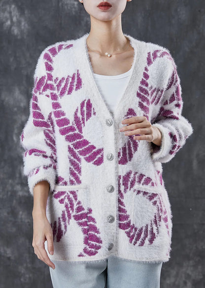 Purple Print Knit Loose Coat V Neck Pockets Spring