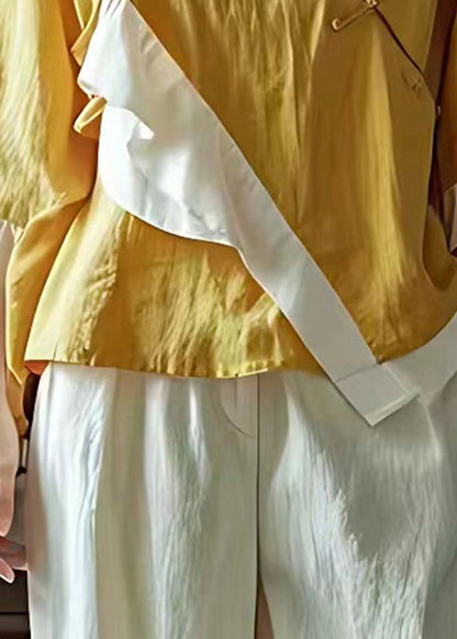 Chinese Style Yellow Stand Collar Asymmetrica Patchwork Top Long Sleeve