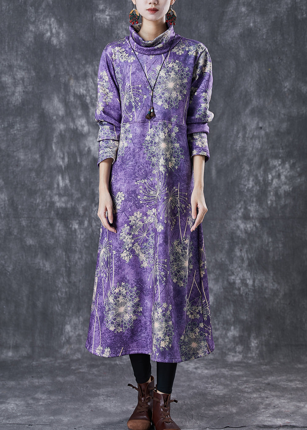 Purple Turtle Neck Print Warm Fleece Party Dress Winter