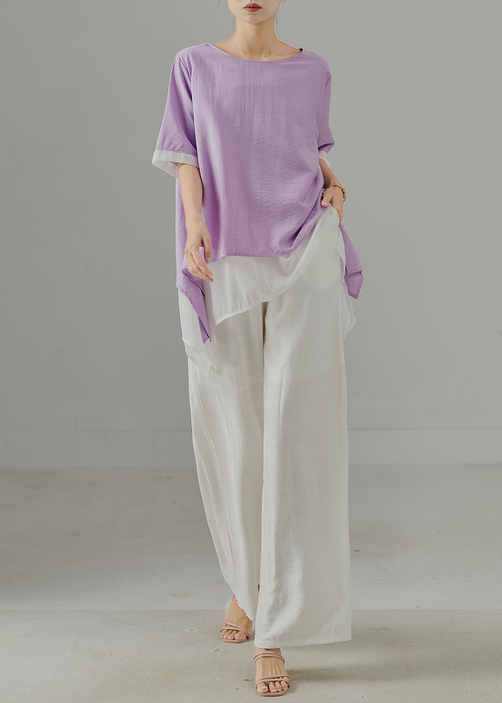 Diy Purple Asymmetrical Patchwork Cotton Two-piece Set Summer
