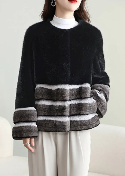 Striped Black O-neck Button Patchwork Leather and Fur Coat Winter