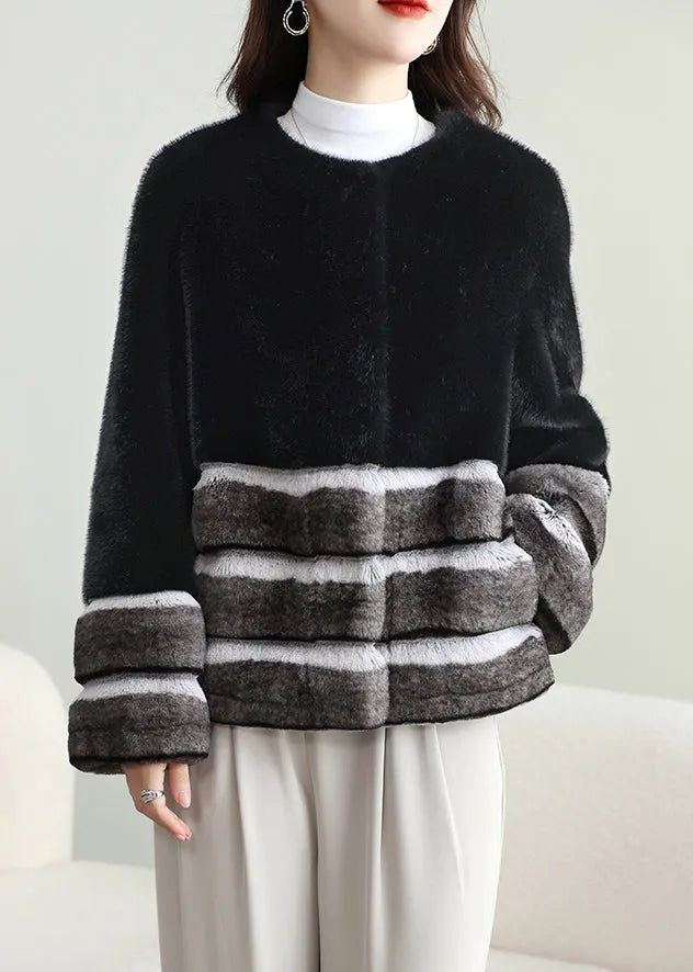 Striped Black O-neck Button Patchwork Leather and Fur Coat Winter