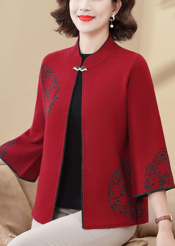 Red Mandarin Collar Print Woolen Coats Bracelet Sleeve