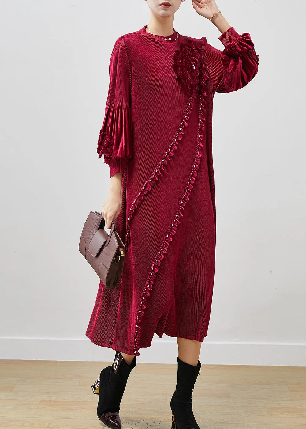 Diy Mulberry Nail Bead Silk Velour Maxi Dresses Lantern Sleeve