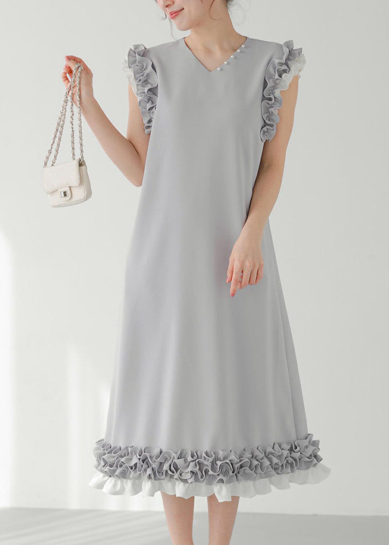 Grey Ruffled Patchwork Pearl Decorated Straight Dress Sleeveless