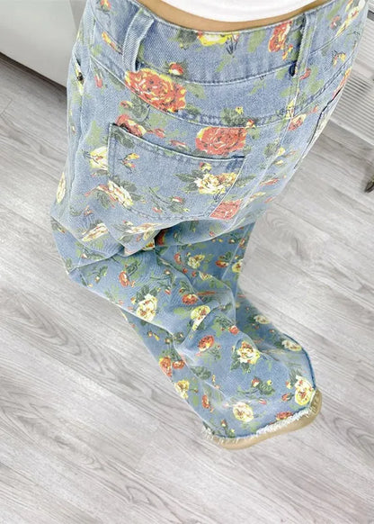 Light Blue Flower Print Denim a Line Skirts Fall