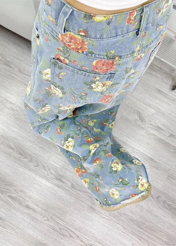 Light Blue Flower Print Denim a Line Skirts Fall