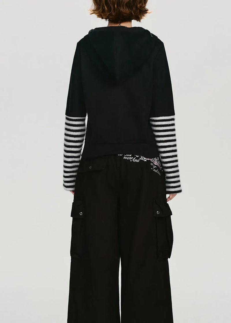 Black Zip Up Patchwork Cotton Hooded Coat Spring