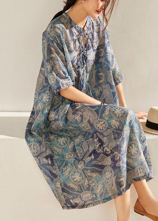 Blue Print O-neck Tie Print Ramie Summer Holiday Dress