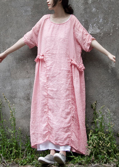 Loose Pink Ruffled Linen Two Pieces Set Summer