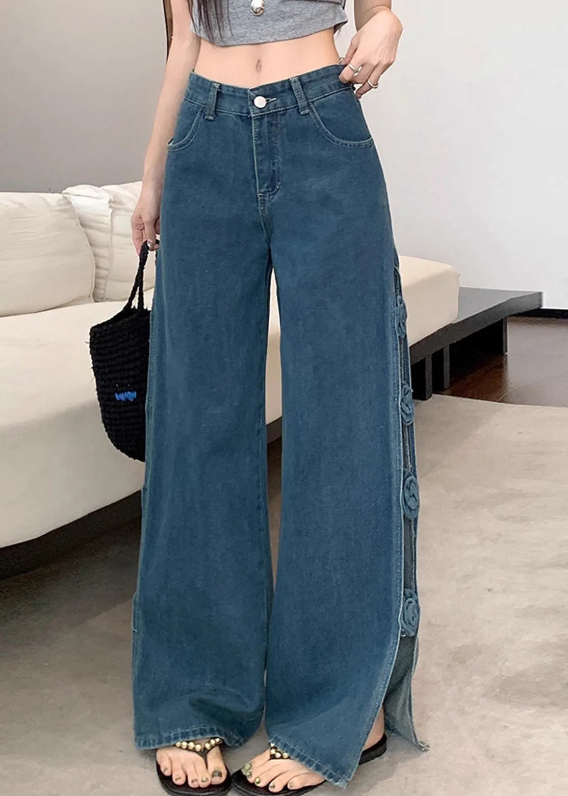 Original Design Blue Hollow Out Denim Pants Fall