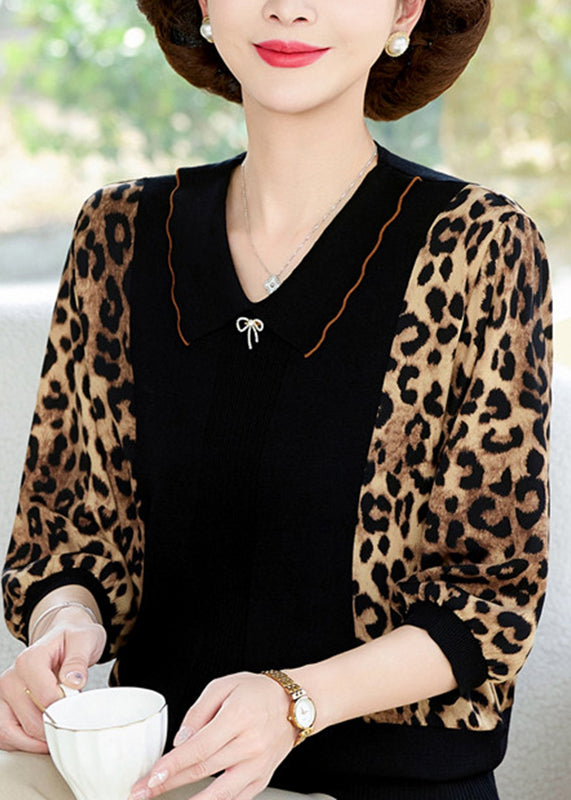 Natural Black O-neck Print Chiffon Patchwork Knit Shirts Lantern Sleeve