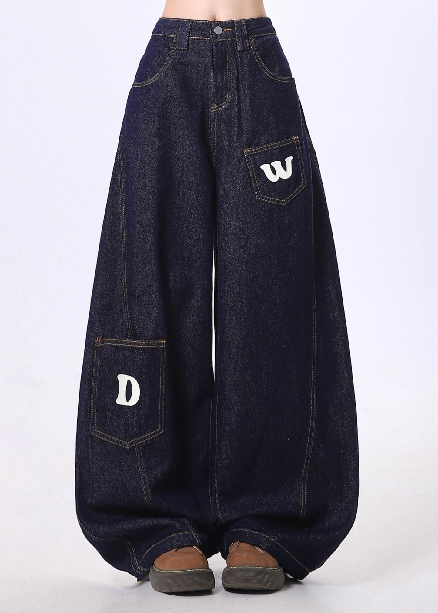 Navy Letter Print Denim Wide Leg Pants Spring