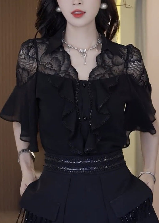 Black Ruffled Lace Patchwork Two Piece Set Outfits Summer