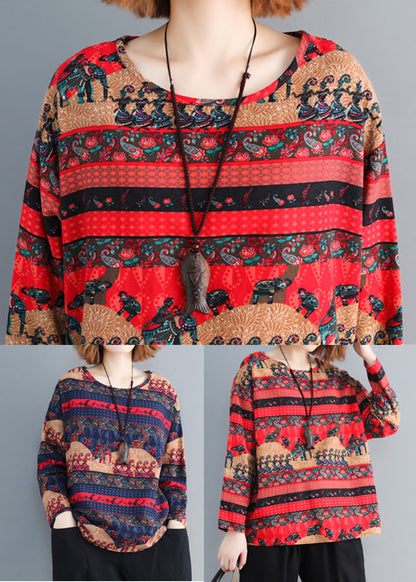 Red Oversized Print Cotton Tops Spring