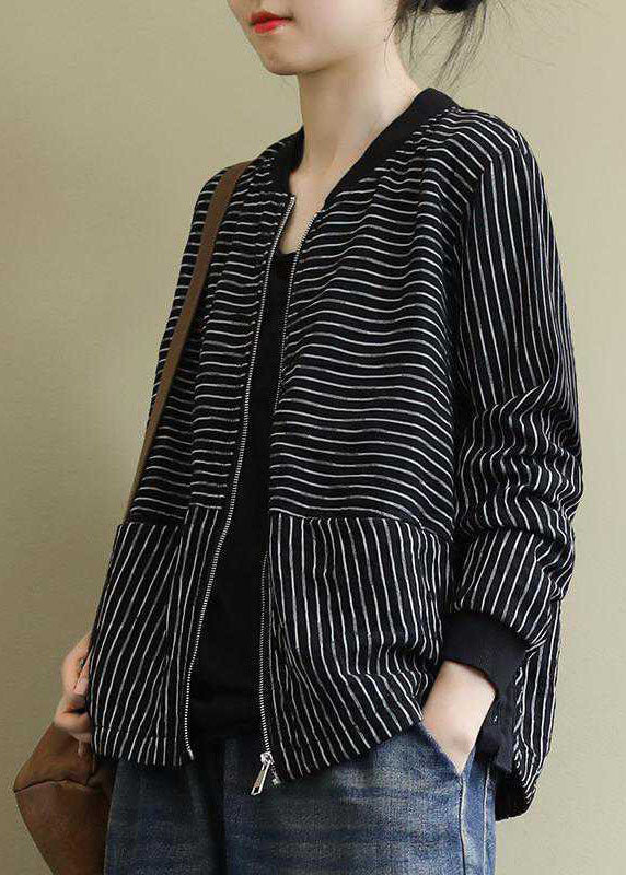 Street Black Striped Zippered Pockets Fall Jacket Long Sleeve