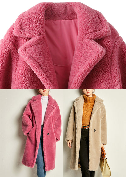 Rose Notched Pockets Cozy Loose Faux Fur Coat Long Sleeve